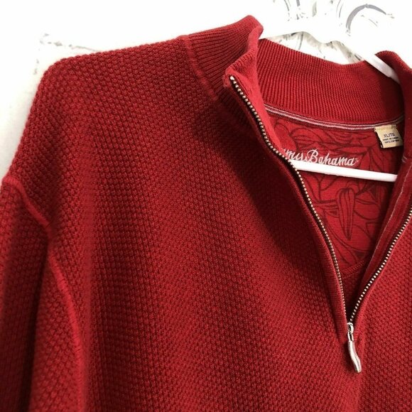 Tommy Bahama Men Size Large 1/2 Half Zip Sweater Solid Red Pullover 100% Cotton - Picture 3 of 8